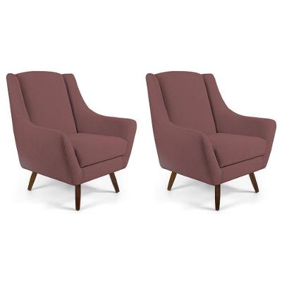 Kit 02 Poltronas Naomi Veludo Rosê G15 com Pés de Madeira Gran Belo