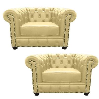 Kit 2 Poltronas Chesterfield G40 Couro Bege com Pés Madeira Confortáveis Gran Belo