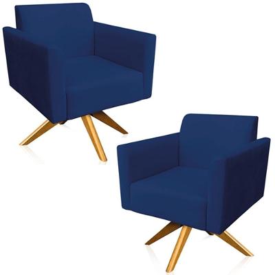 Kit 02 Poltronas Decorativas Isabella G19 Suede Azul Marinho Base Giratória Madeira Gran Belo