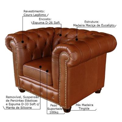 Poltrona Chesterfield G40 Sala de Estar em Couro Conhaque Brilho com Pés Madeira Gran Belo