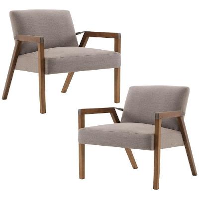 Kit 2 Poltronas Decorativas Dux G66 Sala de Estar em Linho com Detalhe Pu Sintético Marrom Gran Belo