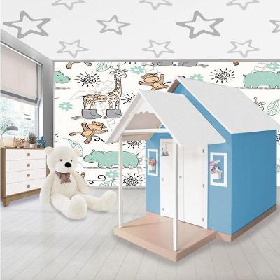 Casinha de Brinquedo MDF L12 com Telhado Branco-azul Estrutura Resistente Criança Feliz