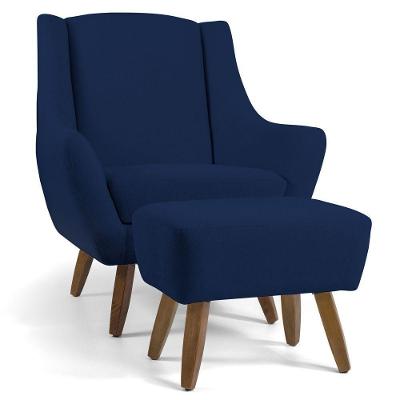Poltrona Decorativa Naomi com Puff em Veludo Azul Oxford para Sala de Estar Gran Belo