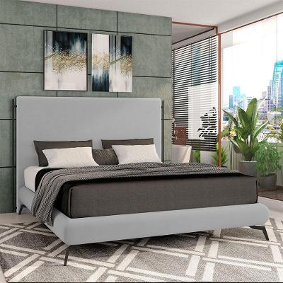 Cama Box Queen Bezos G91 com Cabeceira Estrutura em MDF-MDP Pés de Metal Veludo Cinza Gran Belo