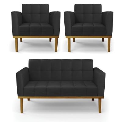 Conjunto 2 Poltronas e 1 Namoradeira Karen G19 em Veludo com Pés de Madeira Preto Gran Belo