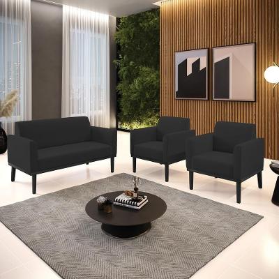 Conjunto 2 Poltronas e 1 Namoradeira Isabella Veludo Preto com Pés Reto em Madeira Gran Belo