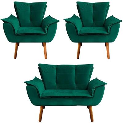 Conjunto 2 Poltronas e 1 Namoradeira Charger G19 Veludo Verde Pés Palito Gran Belo