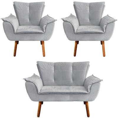 Conjunto 2 Poltronas e 1 Namoradeira Charger G19 Veludo Cinza com Pés Palito Gran Belo