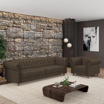 Conjunto Sala de Estar Stanford Chesterfield G58 Sofá 200cm Couro Capuccino Gran Belo