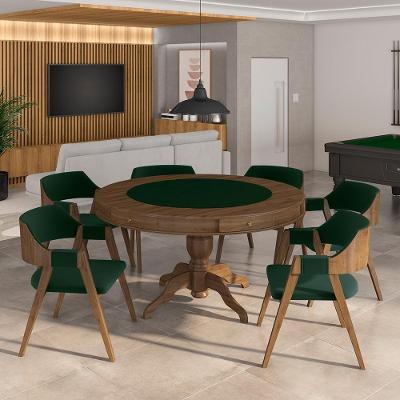 Conjunto Mesa de Jogos Bellagio 6 Lugares Tampo em MDF com Cadeiras Veludo Verde Nogueira Gran Belo