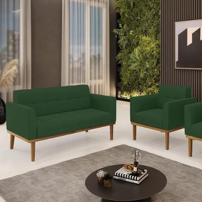 Conjunto Poltrona e Namoradeira Karen Decorativas Veludo Verde Esmeralda Pés Madeira Gran Belo