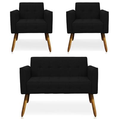 Conjunto Karen 2 Poltronas e 1 Namoradeira Linho Preto com Pés Palito Gran Belo