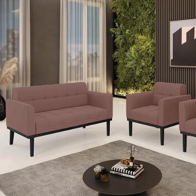 Conjunto Poltrona e Namoradeira Karen Decorativa Veludo Rose G19 Pés em Madeira Gran Belo