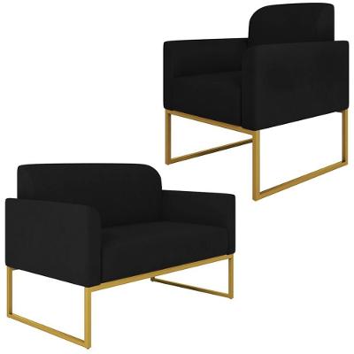 Conjunto Namoradeira e Poltrona Isabella G19 Suede Preto Dourado para Sala de Estar Gran Belo