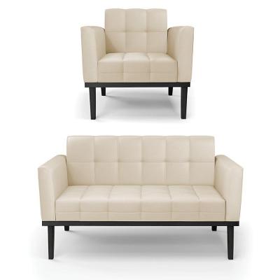 Conjunto Poltrona e Namoradeira Karen Decorativa Corino Pu Bege Pés Madeira Gran Belo