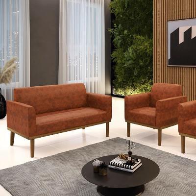 Conjunto Poltrona e Namoradeira Isabella Decorativa em Corino Marrom Pu Nozes G19 Gran Belo