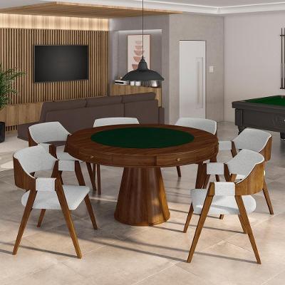 Conjunto Mesa de Jogos Bellagio 6 Lugares Tampo em MDF Reversível Verde com Cadeiras Cinza Imbuia