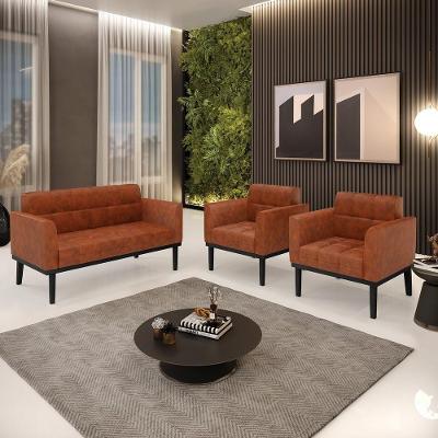 Conjunto 2 Poltronas e 1 Namoradeira Karen Decorativa Veludo Preto Pu Nozes Gran Belo