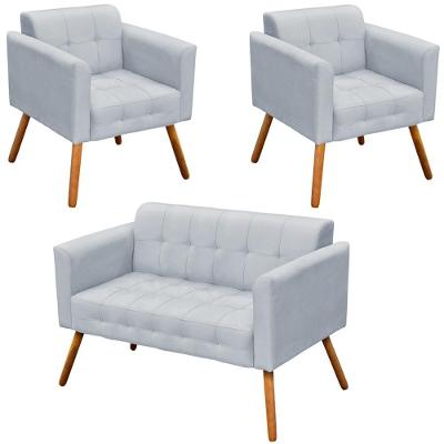 Conjunto 2 Poltronas e 1 Namoradeira Karen G19 Suede Cinza Pés Palito Gran Belo