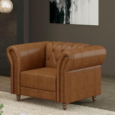 Poltrona Decorativa Stanford Chesterfield Couro Mel Manchado com Pés Torneados de Madeira Gran Belo