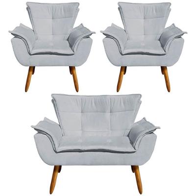 Conjunto 2 Poltronas e 1 Namoradeira Charger G19 Suede Cinza com Pés Palito Gran Belo