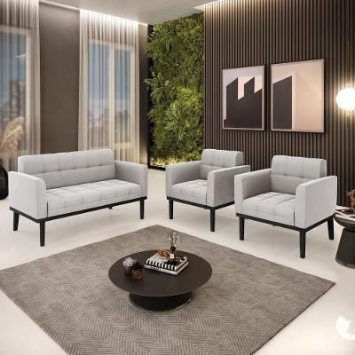 Conjunto 2 Poltronas e 1 Namoradeira Karen G19 Sala de Estar Veludo Cinza Gran Belo