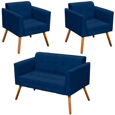 Conjunto 2 Poltronas e 1 Namoradeira Karen Suede Azul Marinho G19 para Sala Gran Belo