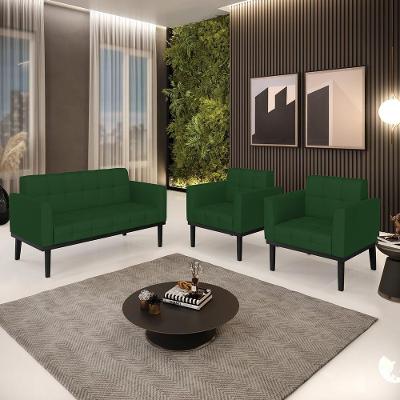 Conjunto 2 Poltronas e 1 Namoradeira Karen Decorativa Veludo Verde Esmeralda Gran Belo