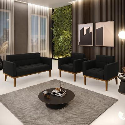 Conjunto 2 Poltronas e 1 Namoradeira Karen G19 Suede Preto com Pés em Madeira Gran Belo