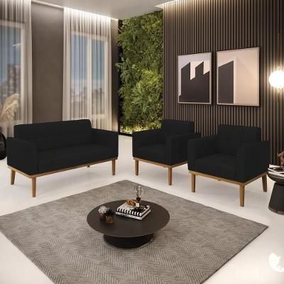 Conjunto 2 Poltronas e 1 Namoradeira Karen G19 Linho Preto com Pés em Madeira Gran Belo