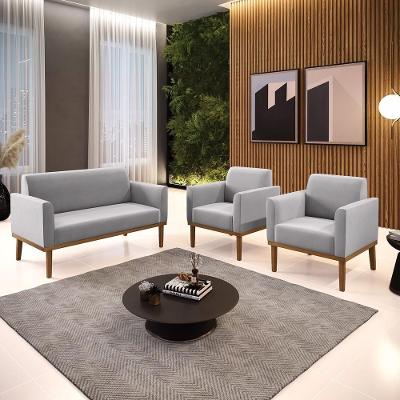 Conjunto 2 Poltronas e 1 Namoradeira Isabella Suede Cinza com Pés em Madeira Gran Belo
