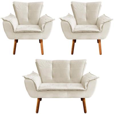 Conjunto 2 Poltronas e 1 Namoradeira Charger Veludo Bege Pés Palito Gran Belo