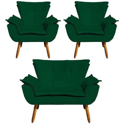 Conjunto 2 Poltronas e 1 Namoradeira Charger Suede Verde G19 para Sala de Estar Gran Belo