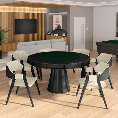Conjunto Mesa de Jogos Bellagio G42 6 Lugares Tampo Reversível MDF com Cadeiras Offwhite Preto 140cm