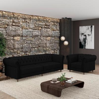 Conjunto Sofá e Poltrona Stanford Chesterfield Couro 240cm Preto Gran Belo
