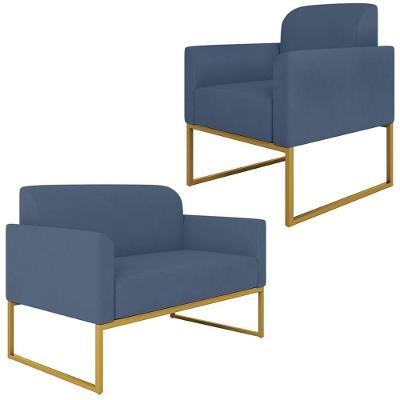 Conjunto Namoradeira e Poltrona Decorativa Isabella Suede Azul Marinho Dourado Gran Belo