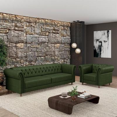Conjunto Sala de Estar Stanford Chesterfield Madeira e Couro 180cm Verde Gran Belo