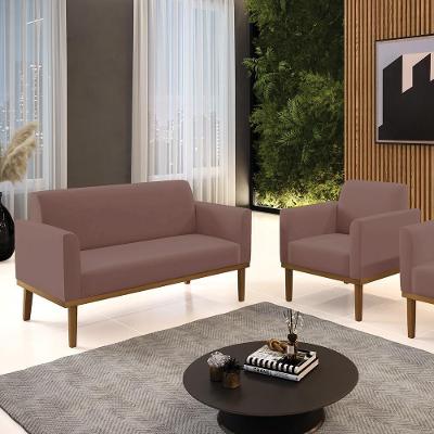 Conjunto Poltrona e Namoradeira Isabella Decorativa Veludo Rose G19 Pés Madeira Gran Belo