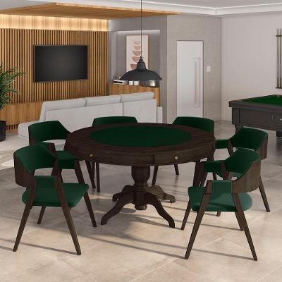 Conjunto Mesa de Jogos Bellagio 6 Lugares Tampo Reversível MDF Veludo Verde e Capuccino Gran Belo