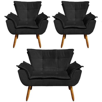 Conjunto 2 Poltronas e 1 Namoradeira Charger G19 Suede Preto com Pés Palito Gran Belo