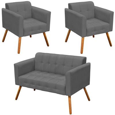 Conjunto 2 Poltronas e 1 Namoradeira Karen Suede Grafite G19 para Sala de Estar Gran Belo