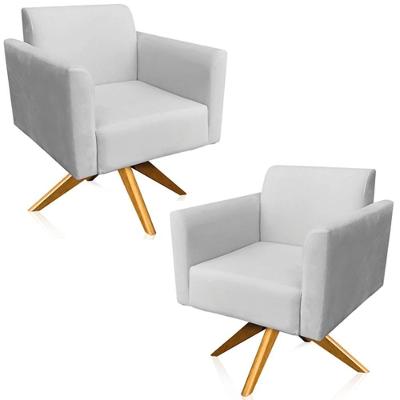 Kit 2 Poltronas Decorativas Isabella Suede Cinza G19 Base Giratória Gran Belo