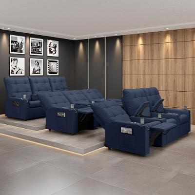 Poltrona Reclinável 3 Lugares Movie com Baú Usb Couro Sintético Azul Gran Belo
