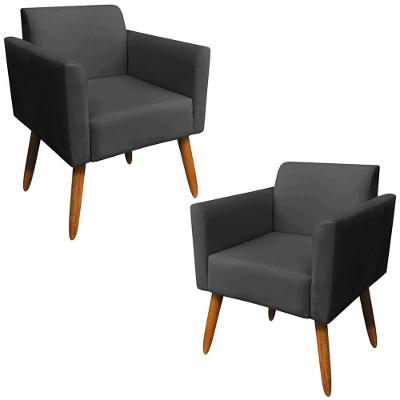 Kit 02 Poltronas Decorativas Isabella Suede Preto com Pés Palito Madeira Gran Belo