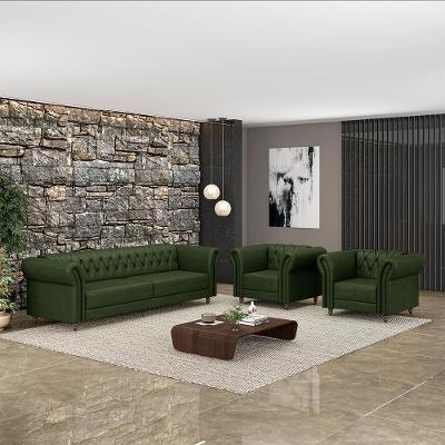 Conjunto Sala de Estar Stanford Chesterfield Couro 180cm Verde Manchado Gran Belo