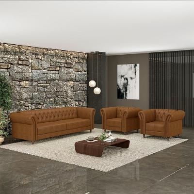 Conjunto Sala de Estar Stanford Chesterfield G58 Couro Mel Manchado 220cm Gran Belo
