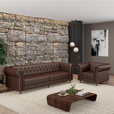 Conjunto Sala de Estar Stanford Chesterfield G58 Couro 240cm Marrom Gran Belo