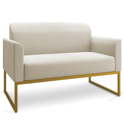 Poltrona Namoradeira Isabella G19 Decorativa Linho Bege Dourado Base Industrial Gran Belo