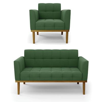 Conjunto Poltrona e Namoradeira Karen Suede Verde G19 Pés Madeira para Sala de Estar Gran Belo