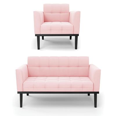 Conjunto Poltrona e Namoradeira Karen G19 Pés Fixos em Madeira Suede Rosa Bebê Gran Belo